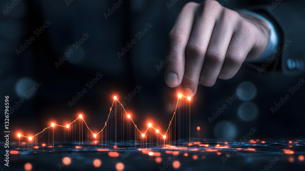 Poster a business professional analyzes data trends represented by glowing graphs, illustrating growth and 