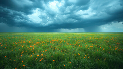 Dramatic Sky over Green Field