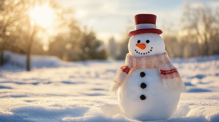 Obraz premium A classic snowman with a carrot nose, scarf, and top hat, standing in a snowy field