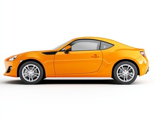 Obraz premium Profile view of a vibrant orange sports coupe against a stark white background. The car is sharply detailed, showcasing its sleek design and modern features.