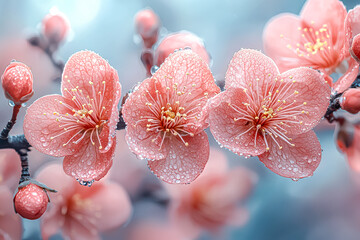 Close up of three pink flowers with dew drops on them. The flowers are arranged in a row and are the main focus of the image. Scene is serene and peaceful, as the flowers are delicate and beautiful