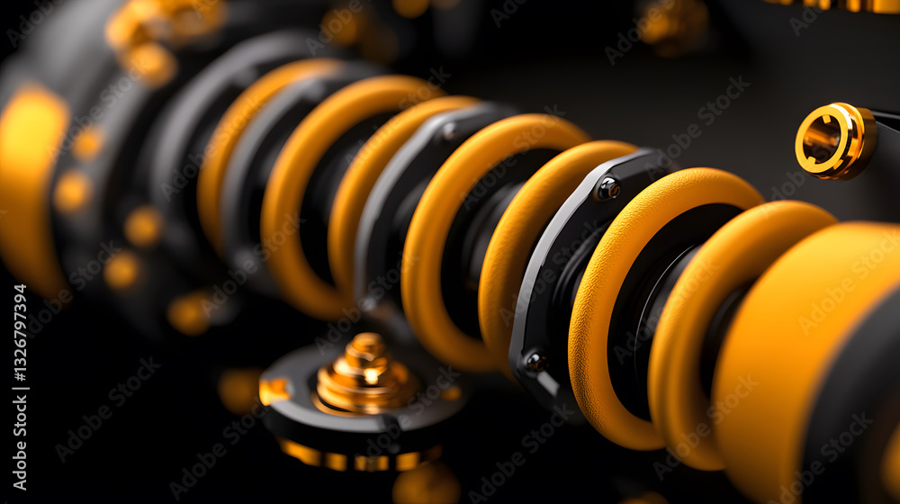 Poster close-up of a mechanical spring with vibrant orange and black components, showcasing intricate detai