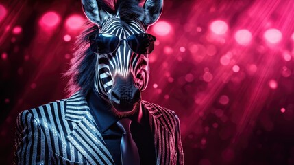 cool party zebra with sunglasses on colorful disco background
