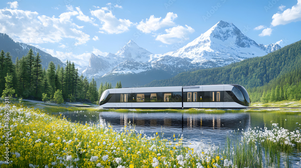 Poster a modern structure sits by a serene lake surrounded by lush greenery and majestic mountains under a 