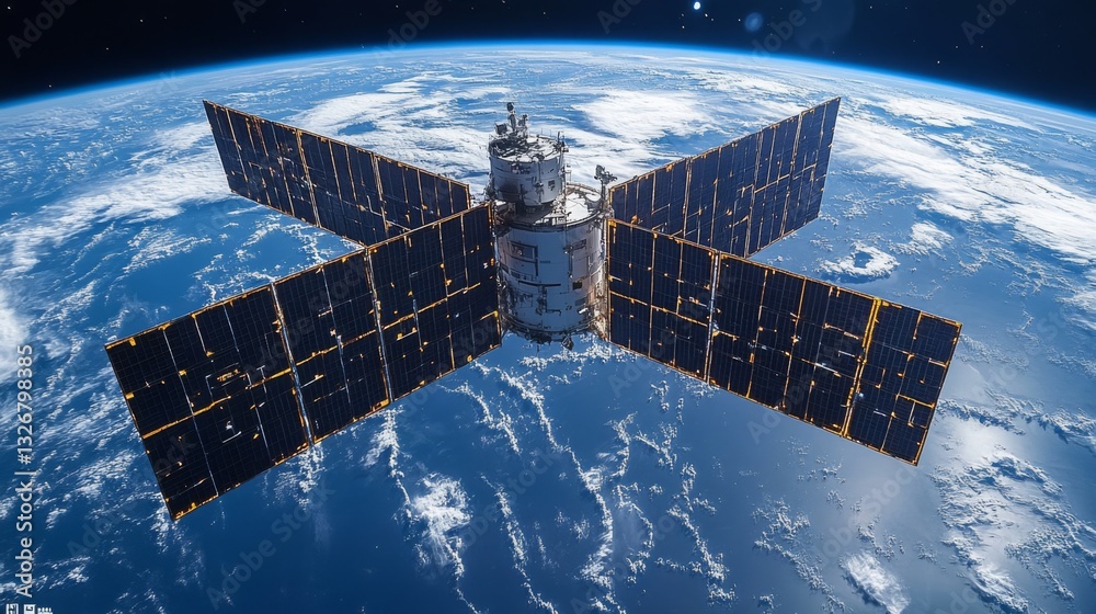 Leinwandbilder a satellite orbits earth, equipped with solar panels and advanced technology for transmitting teleme
