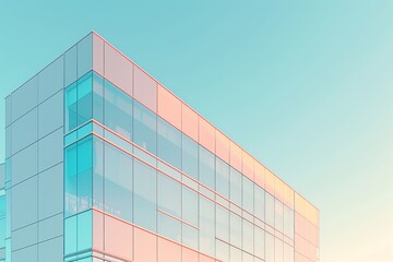 A modern office building featuring reflective glass, glowing softly under natural daylight