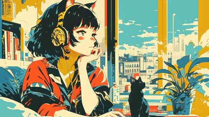 Retro City Pop Woman, vibrant anime illustration of a young woman in a cozy apartment, wearing a black cat headband, enjoying soft music, featuring bold outlines and a warm color palette.