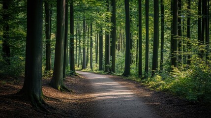 Obraz premium Peaceful Path Through Lush Green Forest Surrounded by Tall Trees and Natural Light