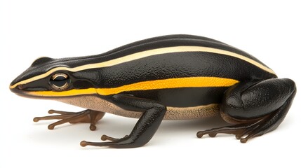 Obraz premium Close-Up Portrait of a Striped Frog with Black and Yellow Pattern on White Background