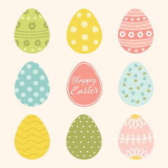 Set of vector easter eggs decorated with flowers, sripes and dots in different pastel colors