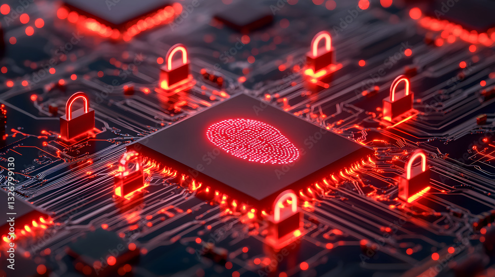 Fototapete a close-up of a circuit board featuring a fingerprint sensor, highlighted by red locks, symbolizing 