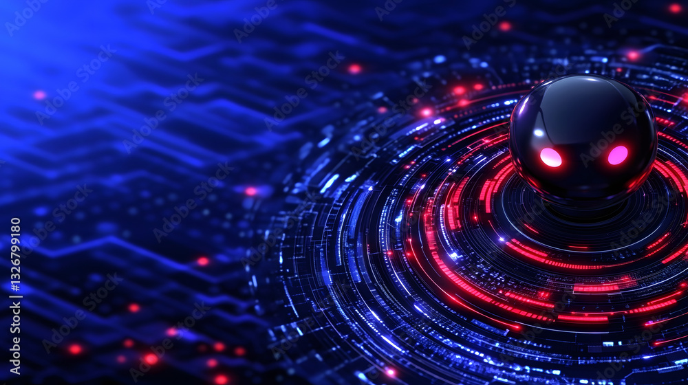 Poster a futuristic scene featuring a dark orb with glowing red eyes surrounded by vibrant digital waves an
