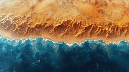 This satellite view illustrates the coastal region where rugged terrain meets the ocean, highlighting patterns of erosion and sediment. The vibrant colors detail the geographical features.