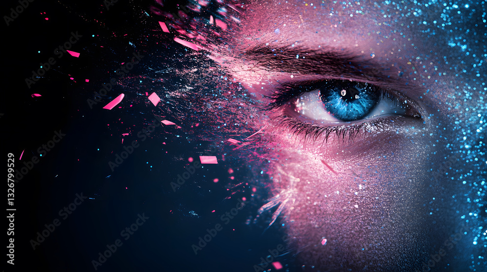 Poster a close-up of a captivating blue eye surrounded by ethereal particles, creating a mystical and futur