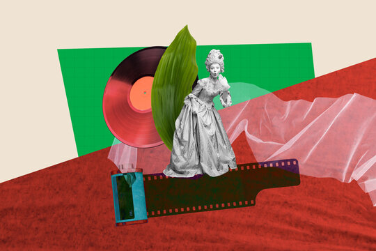 Exclusive art banner collage of shocked duchess girl stand retro tape vinyl disk music occasion weekend club party leaf plant