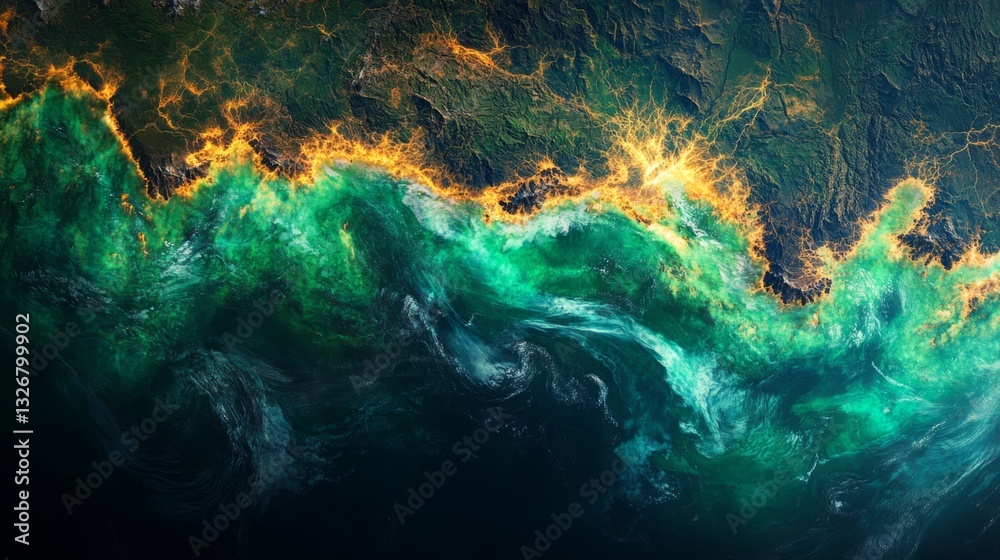 Poster Vibrant colors represent coastal phenomena as a satellite monitors the area in the late afternoon. This imagery reveals dynamic interactions in geospatial contexts.
