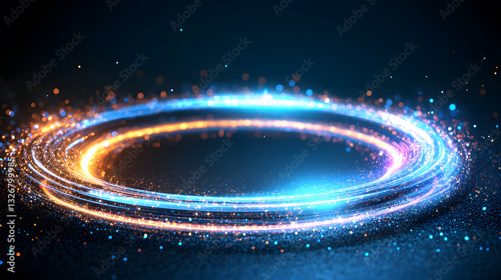 Poster A vibrant, swirling ring of light with sparkling particles against a dark background, creating a dynamic and energetic visual effect