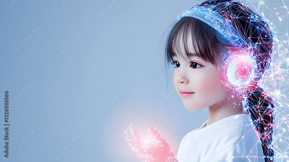 Poster a girl with headphones interacts with colorful digital elements, symbolizing creativity and technolo