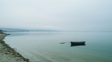 Serene Misty Lake Landscape with a Single Boat in the Distance at Dawn