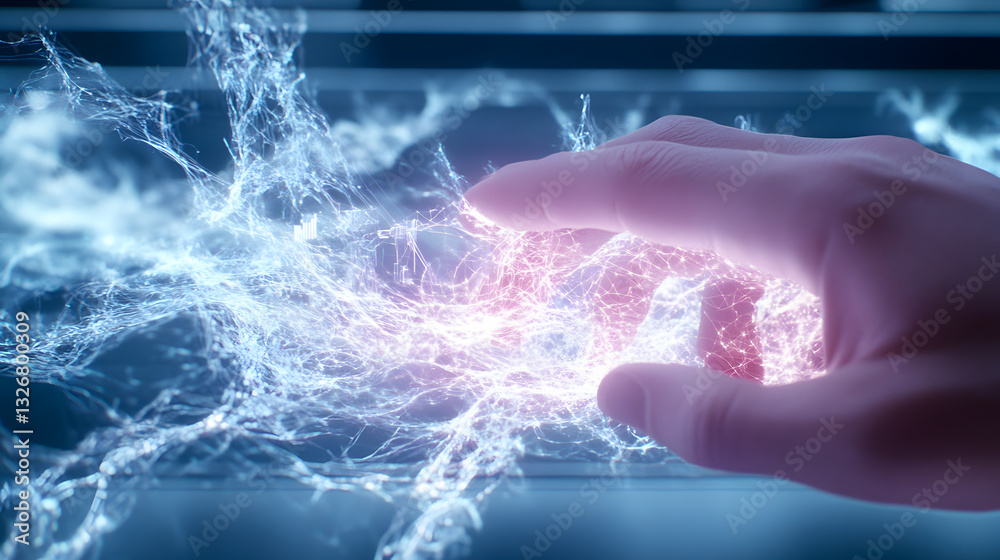 Poster a hand reaches out to touch vibrant energy, creating a mesmerizing display of light and electricity