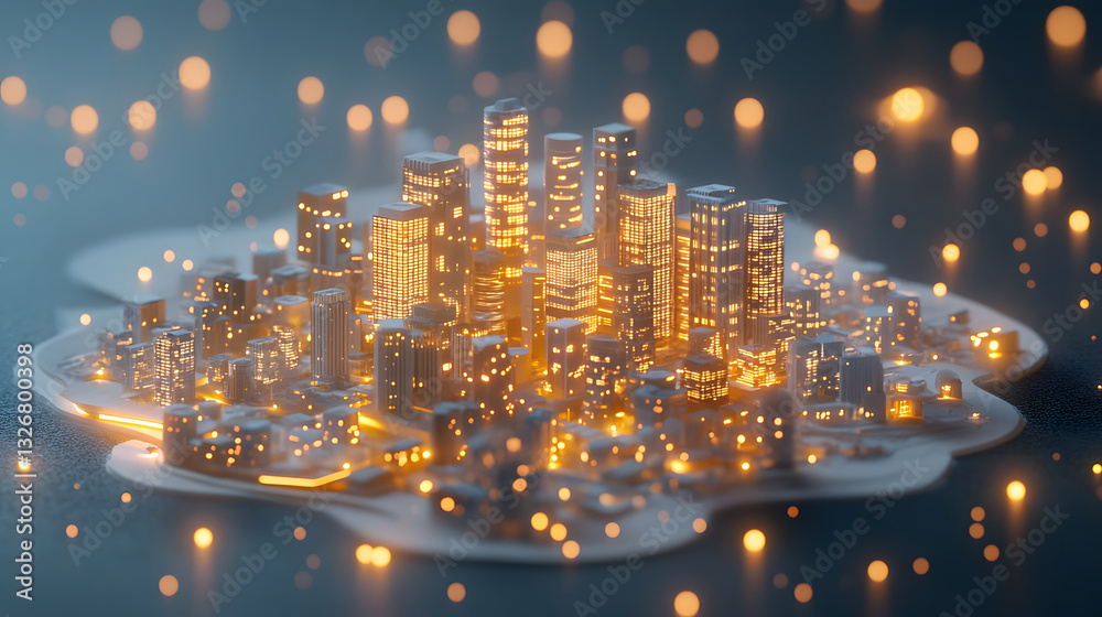 Poster a vibrant, illuminated cityscape with glowing buildings set against a dark background, creating a ma