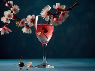 high resolution, real photo, a wine glass, clear pink drink, decorated with a long branch of cherry blossoms in a wine glass, a white straw, a few fallen cherry blossom petals, blue color background