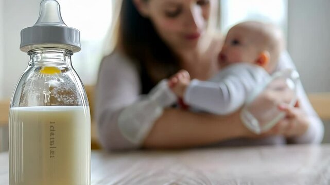 Baby Bottles With Milk Close Up. Bottles with breast milk on the background of mother holding in hands and breastfeeding her infant child. Maternity. Feeding, nurturing. Healthy food for newborn