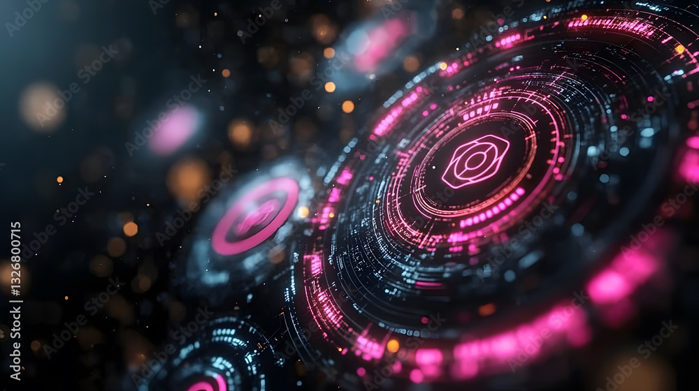 Poster A vibrant, abstract digital composition featuring circular patterns with glowing neon pink elements and a dark background