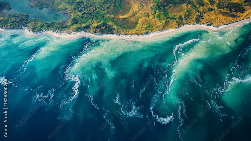 Aufkleber Advanced surveillance technology captures intricate patterns of ocean currents along the coastline, highlighting geospatial features and environmental dynamics in daylight.