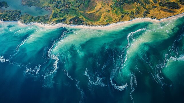 Advanced surveillance technology captures intricate patterns of ocean currents along the coastline, highlighting geospatial features and environmental dynamics in daylight.