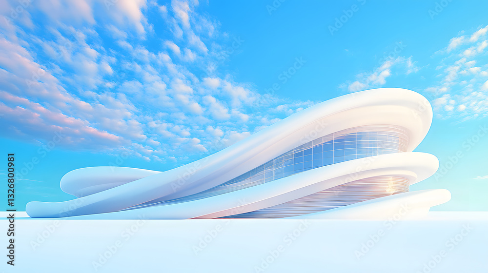 Poster a futuristic building with a fluid design, surrounded by a clear sky, showcasing innovative architec