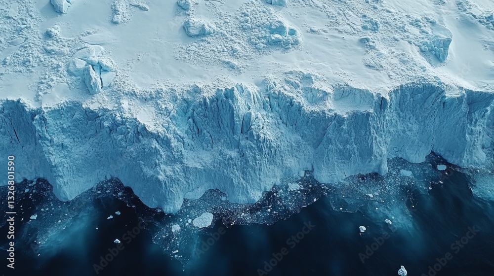 Poster this aerial view captures the edge of an ice shelf in a polar region, highlighting the interactions 