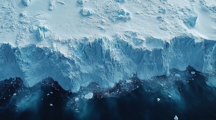This aerial view captures the edge of an ice shelf in a polar region, highlighting the interactions between ice and ocean water. Geospatial analysis is crucial for understanding environmental changes.