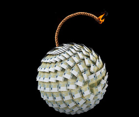 Conceptual Financial Danger - A Bomb Made of Euro Notes with a Lit Fuse on a Black Background