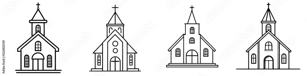 Poster different styles of church architecture displayed in simple line art representing various designs an