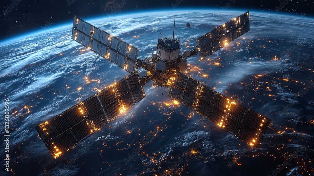 Poster a satellite orbits earth during dusk, actively transmitting telemetry and gps signals.