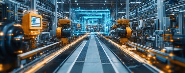 Fototapeta premium Futuristic smart factory with advanced AI, IoT, and robotics integrated into manufacturing processes, showcasing hightech efficiency and productivity, ultradetailed, 8K