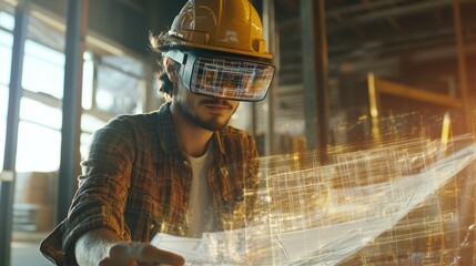 A construction worker using augmented reality glasses to overlay blueprints on-site