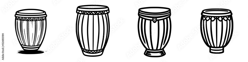 Poster different types of drumming instruments displayed in a linear arrangement showcasing unique designs 