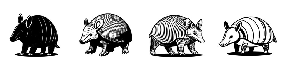 Artistic representations of four armadillos in various poses showcasing unique designs and patterns