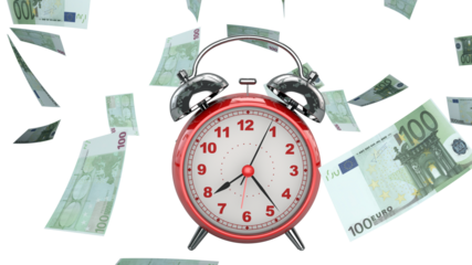 Conceptual Idea of Time is Money - Euro Notes Scattered with a Clock in the Foreground