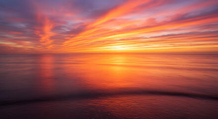 A stunning sunset over the ocean, with warm orange and pink hues reflecting on the water.