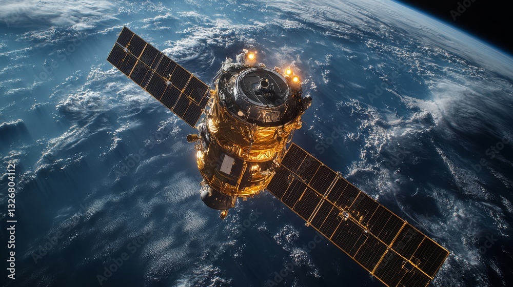 Aufkleber A satellite orbits Earth, using solar panels for power while transmitting critical telemetry data to support global positioning and tracking systems, showcasing advanced technology.