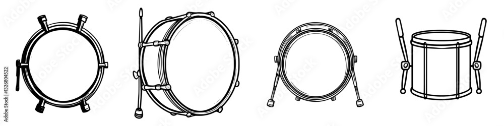 Poster various styles of hand drums displayed in a row with different shapes and sizes during a music pract