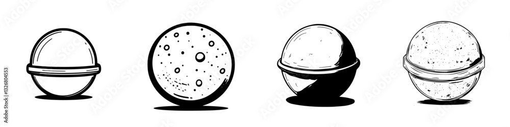 Poster collection of four different spherical objects displayed with simple black and white artistic design