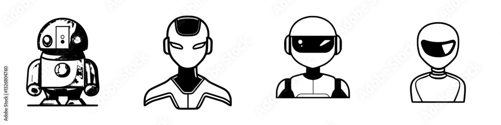 Poster four futuristic robot and android designs featuring distinct styles and features in a minimalist art