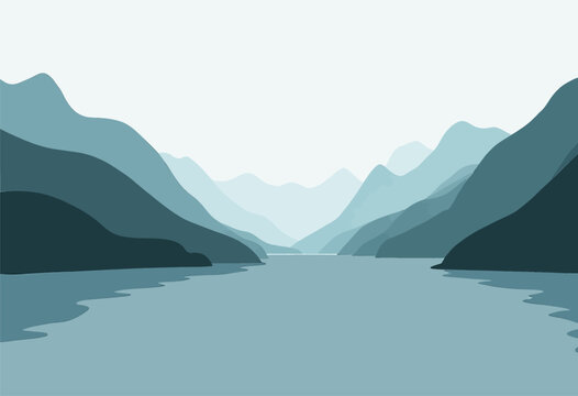 Blue Grayscale Mountainscape and Lake View
