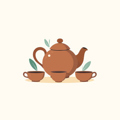Brown teapot and three cups with leaves illustration