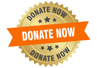 Obraz premium donate now. donate now round orange and gold label isolated on transparent background