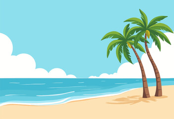 Fototapeta na wymiar Cartoon Beach Scene with Palm Trees and Clouds